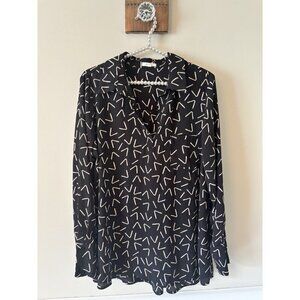 Pleione Womens Size Large Black Tan Tunic Blouse Geometric Print Long Sleeve